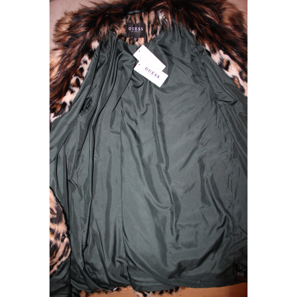 GUESS Natalia Faux Fur Coat Animal Print Tan Brown Celebrity Glam Luxe Jacket - Picture 8 of 8